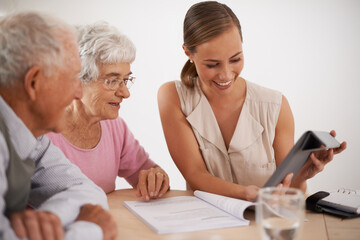 Finance, senior couple and advice for insurance on tablet, consulting and accountant for paperwork....