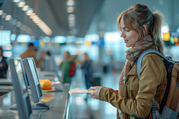 Young woman on airport at check-in counter, giving her documents to an officer and waiting for her boarding pass