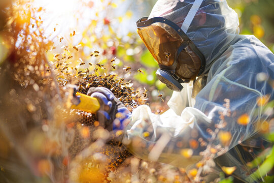Professional pest control worker in protective gear, using specialized equipment to destroy a hornet's nest.