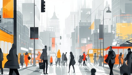 People in rush hour, captured in a cityscape reflecting formalist aesthetics; an abstract still life with light, black, and gray minimal lines, set against a warm color palette. - obrazy, fototapety, plakaty