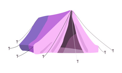 Lilac triangular tent for camping, adventure tourism and travel, bushcraft and backpacking. Isolated object on a white background. Cartoon vector illustration...