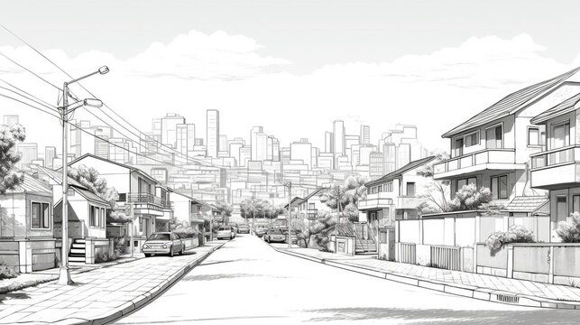 Detailed drawing of a bustling city street, suitable for urban design projects
