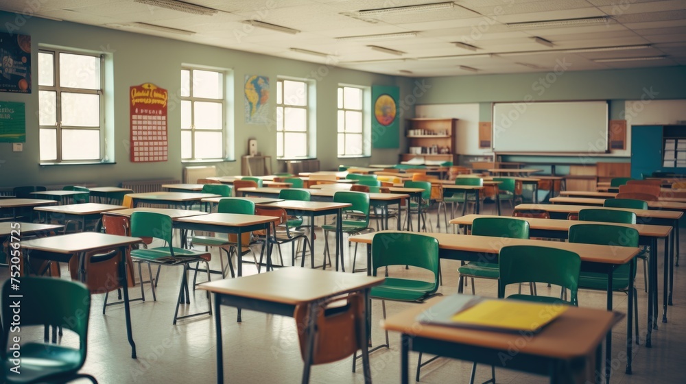 Aufkleber a classroom setting with rows of desks and green chairs. perfect for educational and school-related 