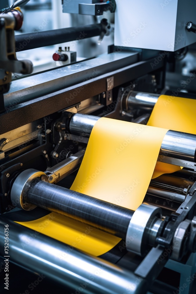 Poster Close up of a machine with a sheet of paper, suitable for business and technology concepts