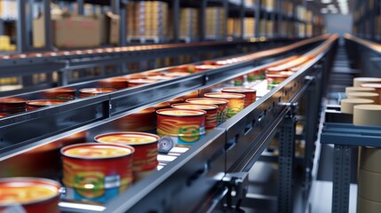 Canned food products on conveyor belt in distribution warehouse, parcels transportation system, equipment, manufacture, factory, industrial, machine, production - obrazy, fototapety, plakaty