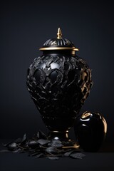 Black urn with intricate metal detailing and bird-shaped sculpture on a wooden surface