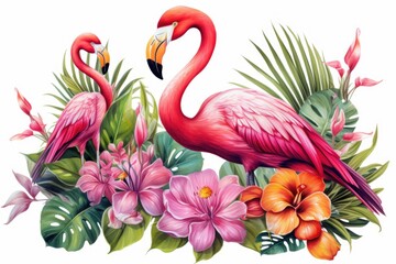 Two flamingos standing side by side. Suitable for nature and wildlife concepts