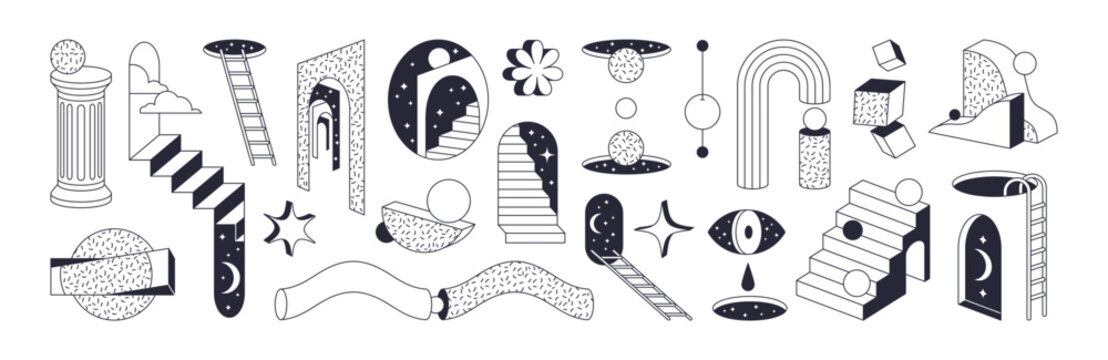 Surreal minimal 3d elements set. Abstract shapes, geometric figures. Stairs, ladder, door portal, arch in surrealism style, illusion. Flat graphic vector illustrations isolated on white background