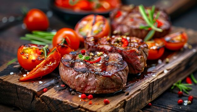 Succulent thick juicy portions of grilled fillet steak served with tomatoes and roast vegetables