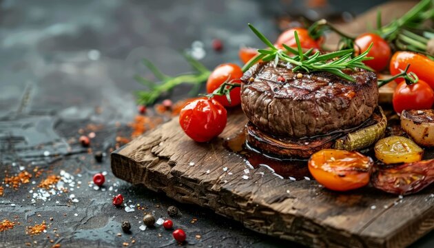 Succulent thick juicy portions of grilled fillet steak served with tomatoes and roast vegetables