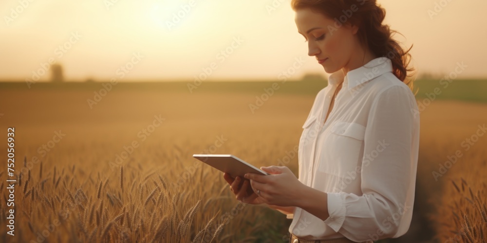 Poster a woman standing in a field using a tablet. suitable for technology and nature concepts