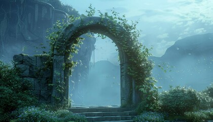 Spectacular fantasy scene with a portal archway covered in creepers. In the fantasy world, ancient...