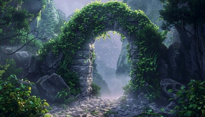 Spectacular fantasy scene with a portal archway covered in creepers. In the fantasy world, ancient...