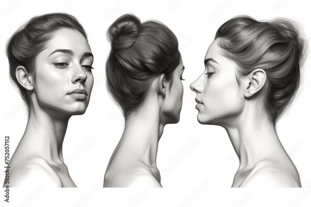 Poster a drawing of a woman's face in three different poses. suitable for various design projects