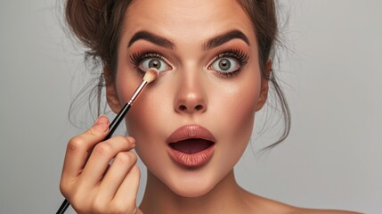 Fototapeta premium Shiny ideal perfect lady silky eyelashes artist girlish feminine nude concept. Portrait of excited astonished lady using perfect brush for makeup, beauty, cosmetics, skincare