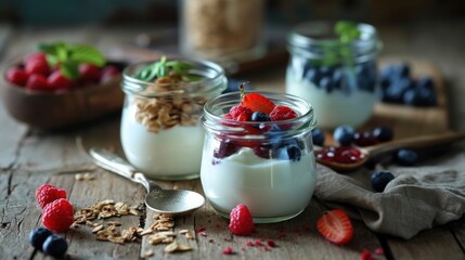 yogurt to various jars and dishes, try a variety of toppings and always include large container in shot, food, dessert, sweet, fresh, dairy, delicious, breakfast, fruit, organic