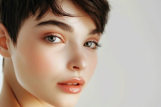 A close-up image of a young woman with short hair. Suitable for various advertising and beauty concepts
