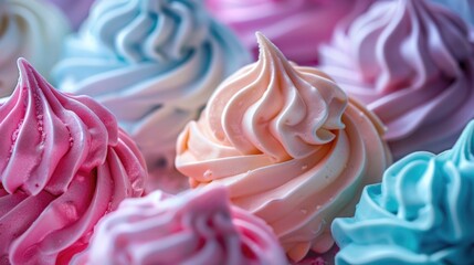 Assorted colorful meringue swirls. Close-up macro photography.