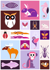 Graphic collage of images of various animals, birds and fish. 