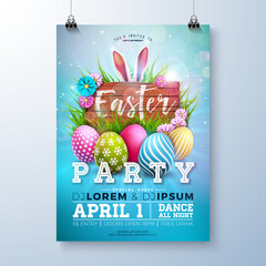 Plakaty  Easter Party Flyer Illustration with Painted Eggs, Rabbit Ears and Flowers on Sky Blue Background. Vector Spring Religious Holiday Celebration Poster Design Template for Banner or Invitation.