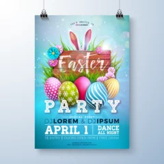 Papier Peint photo autocollant Collage de graffitis Easter Party Flyer Illustration with Painted Eggs, Rabbit Ears and Flowers on Sky Blue Background. Vector Spring Religious Holiday Celebration Poster Design Template for Banner or Invitation.