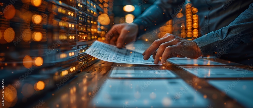 Poster Online documentation database and digital file storage system or software, record keeping, database technology, file access, and doc sharing are used by a businessman.
