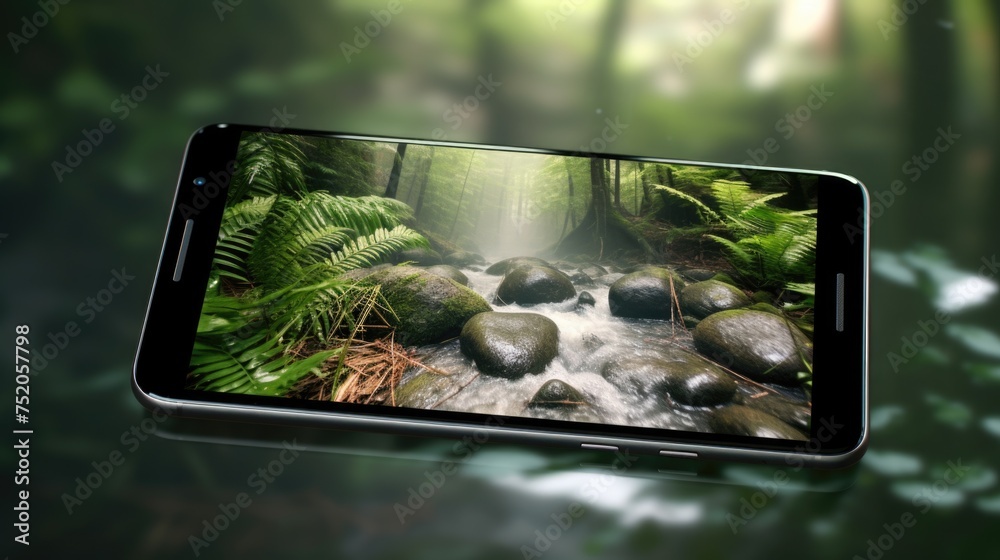 Poster a cell phone displaying a picture of a beautiful waterfall, ideal for technology or travel concepts
