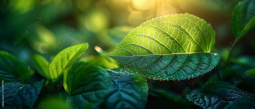 Poster nature view with free space for text, green leaf on blurred background of greenery. beautifully text