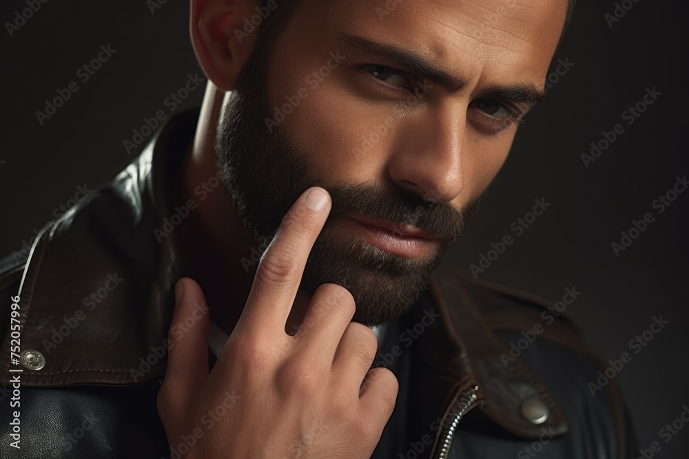 Poster a man with a beard wearing a leather jacket. suitable for various projects