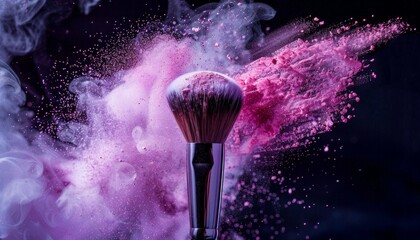 Pink purple powder explosion with makeup brush - obrazy, fototapety, plakaty
