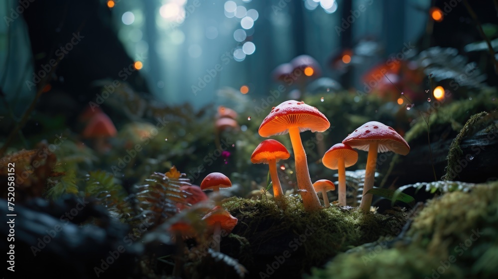 Poster A group of mushrooms sitting on top of a lush green forest. Perfect for nature and environment concepts