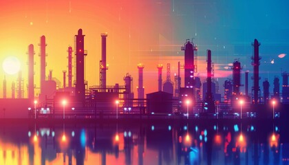 oil and gas power plant refinery with storage tanks facility for oil production or petrochemical factory infrastructure and oil demand price chart - obrazy, fototapety, plakaty
