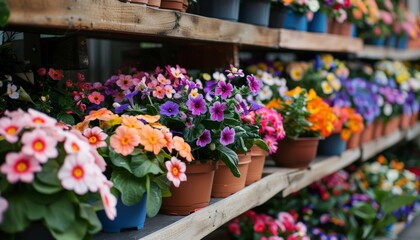 Fototapeta na wymiar Many colorful blooming flowers in pots are displayed on shelf in florist store or at street market. Spring planting