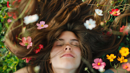 Naklejka premium Woman with Long Hair Amidst Flowers, Viewed from Below with a Defocused Effect