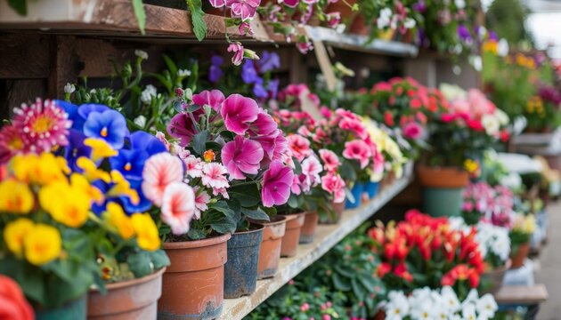 Many colorful blooming flowers in pots are displayed on shelf in florist store or at street market. Spring planting