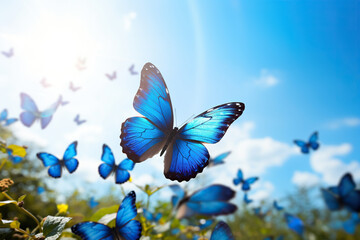 Fototapeta na wymiar Blue butterflies fly over a field against a blue sky. Generated by artificial intelligence
