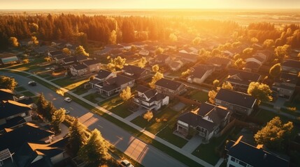 Aerial view of houses in a neighborhood at sunset. Perfect for real estate or urban development concepts - obrazy, fototapety, plakaty