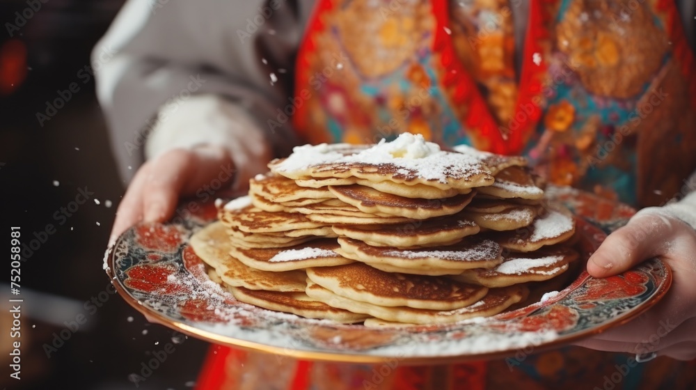 Wall mural Person holding plate with pancakes, suitable for food blogs