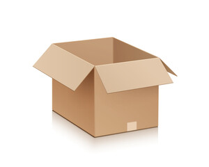 virtual brown cardboard box or parcel box is opened to reveal an empty interior lying on a white background, vector 3d illustration isolated for industry packs products into boxes, delivery concept