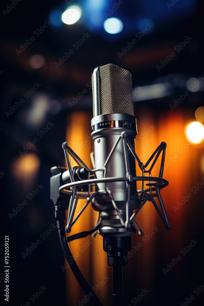Poster A microphone in a recording studio, ideal for music or podcast related projects