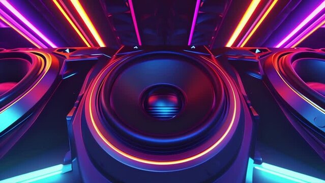 Ninth footage A tight shot of the subwoofer capturing the pulsating neon lights at the base of the speaker as it thumps to the b beat creating a captivating visual and audio