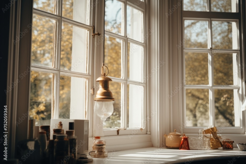 Poster A simple and elegant window sill with a hanging light. Perfect for interior design projects