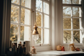 A simple and elegant window sill with a hanging light. Perfect for interior design projects