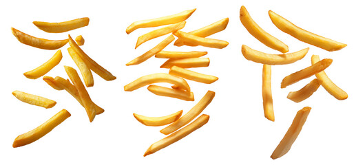 Set falling french fries, potato fry isolated on white background, clipping path, full depth of field