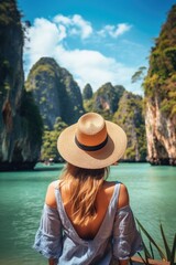 A woman in a hat looking out over a body of water. Ideal for travel and leisure concepts
