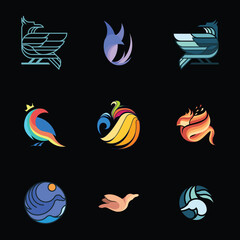 Premium, Modern, Playful, Geometric, Colorful Birds Logo Set Collection Elements Vector Illustration With Black Background