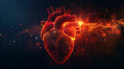 Abstract shape of human heart with digital red line of cardiac pulse. on a black background.  - Powered by Adobe