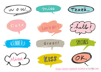 Cute vector speech bubble colorful set,Hand drawn set of speech bubbles with handwritten for book ,card, business, poster design. Vector illustration design for fashion fabrics, textile graphics