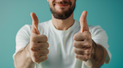Close up man in a light shirt showing thumbs up gesture on a pastel blue background