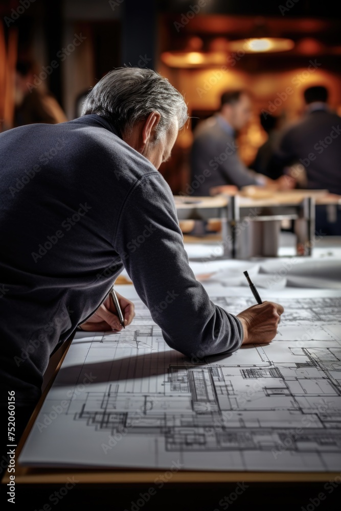 Poster A man sitting at a table writing on a blueprint. Ideal for architectural and engineering concepts
